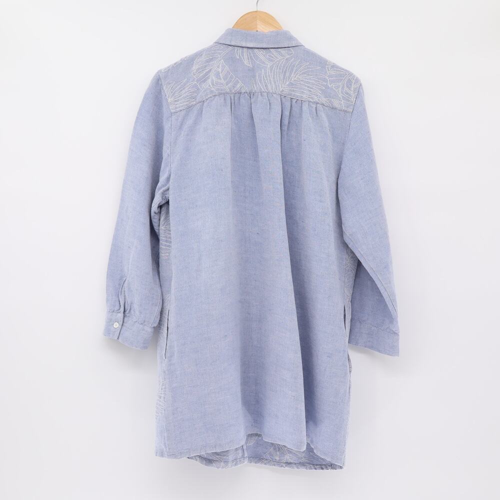 Tommy Bahama Women's Linen Blend Shirt Dress Embroidered Floral Blue/White Sz L - Picture 2 of 6
